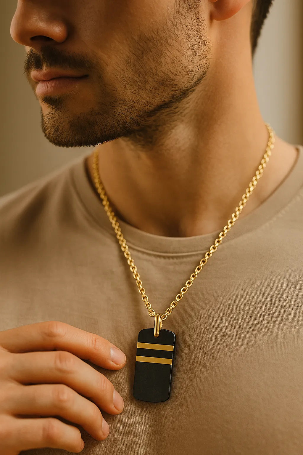 Herren-Halskette: vergoldete Edelstahlkette mit schwarzem Dogtag und zwei goldenen Streifen, getragen am Hals im warmen Fensterlicht.
