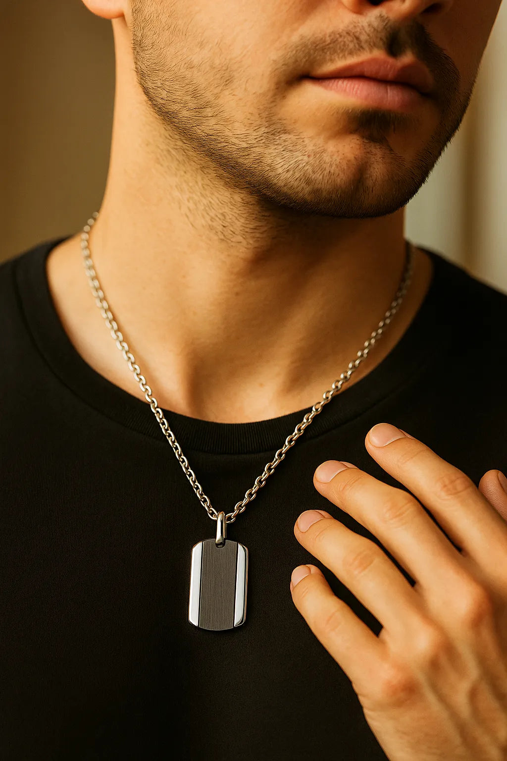Herren-Halskette aus Edelstahl mit Dogtag-Anhänger in schwarzem Carbon-Look, getragen am Hals; Nahaufnahme im warmen Fensterlicht, moderner Minimal-Stil.
