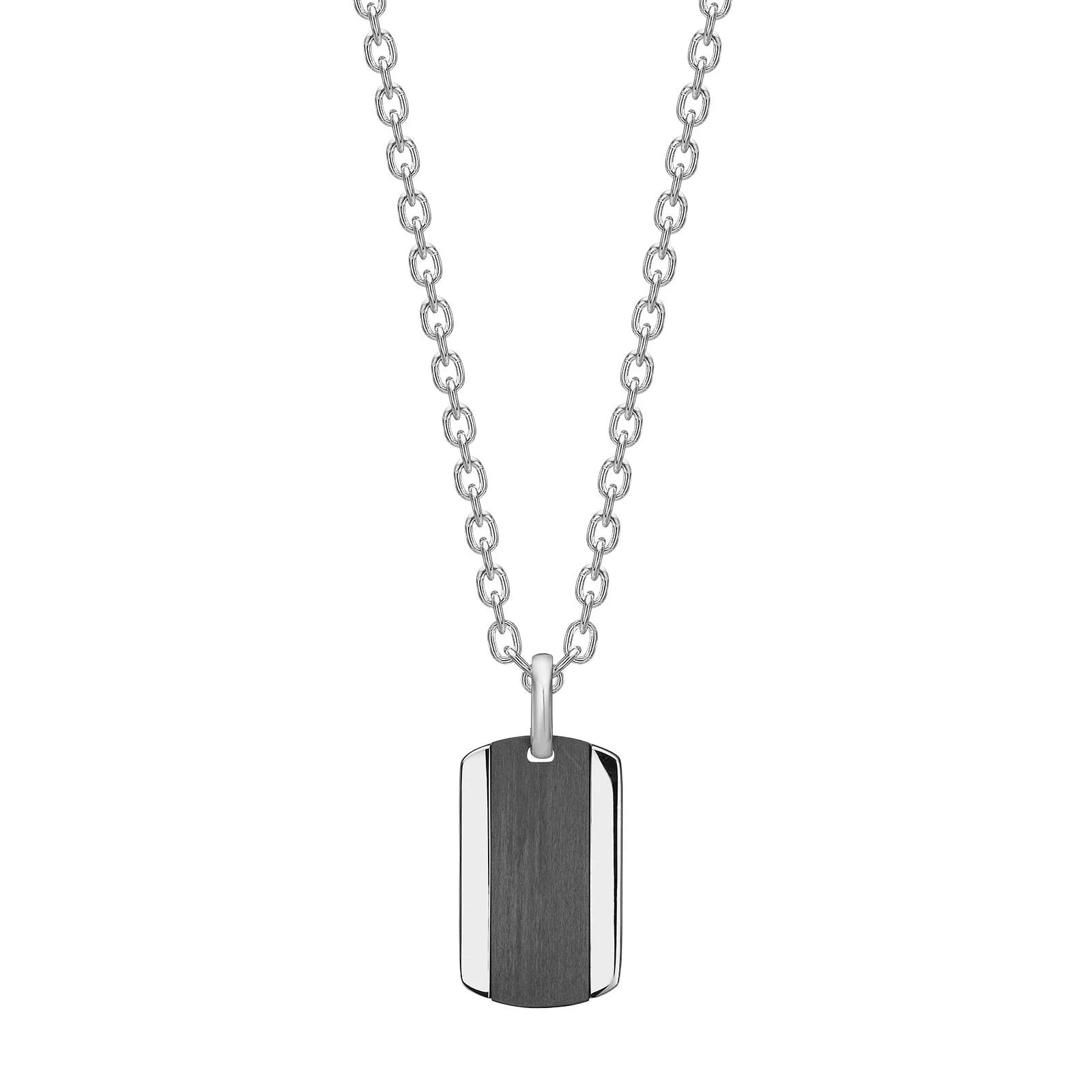 Herren-Halskette aus 316L Edelstahl mit schwarzem, mattem Carbon-Dog-Tag und polierten Stahlkanten; verstellbare Länge 55+5 cm, freigestellt auf weißem Hintergrund.