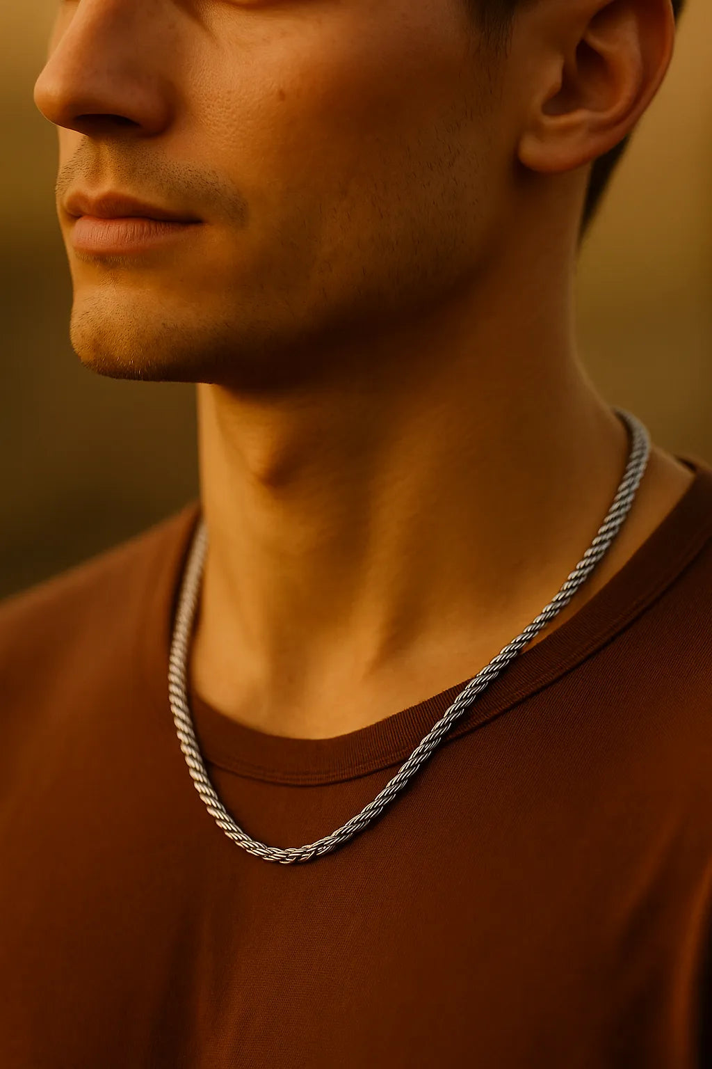Herren Edelstahl-Kordelkette (Rope Chain), getragen am Hals eines Mannes bei Golden-Hour-Licht; Nahaufnahme mit warmen Hauttönen, moderner Casual-Look.
