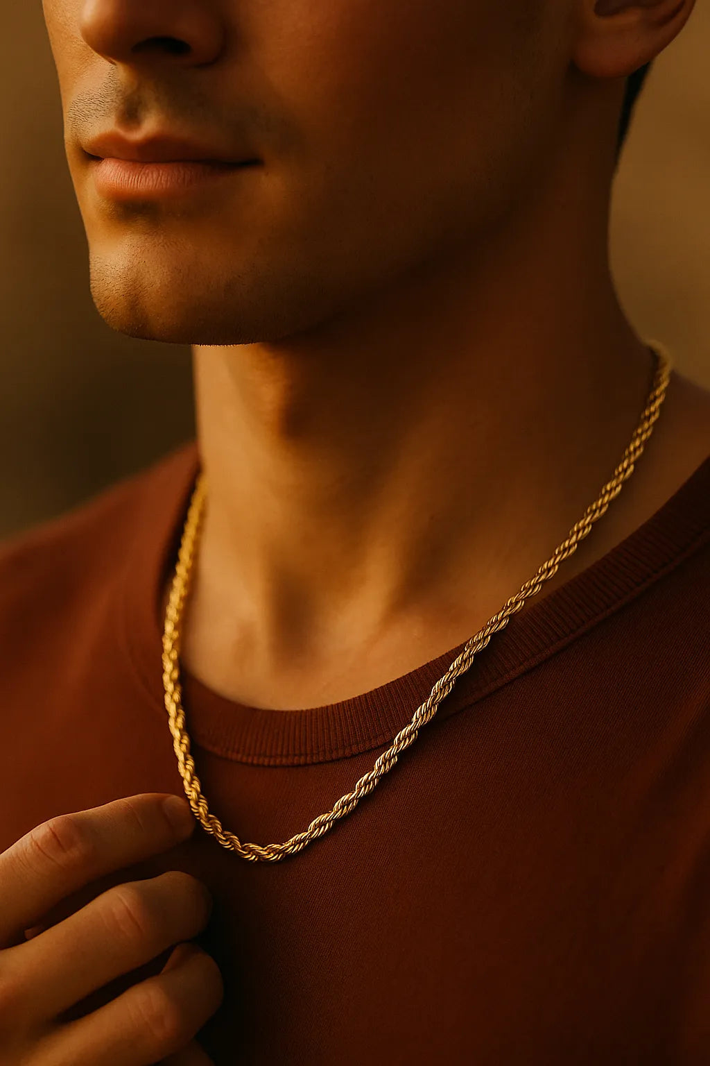 Herren Rope-Chain Halskette, vergoldeter Edelstahl, getragen am Hals eines Mannes bei Golden-Hour-Licht; Nahaufnahme mit warmen Hauttönen, moderner Casual-Look.
