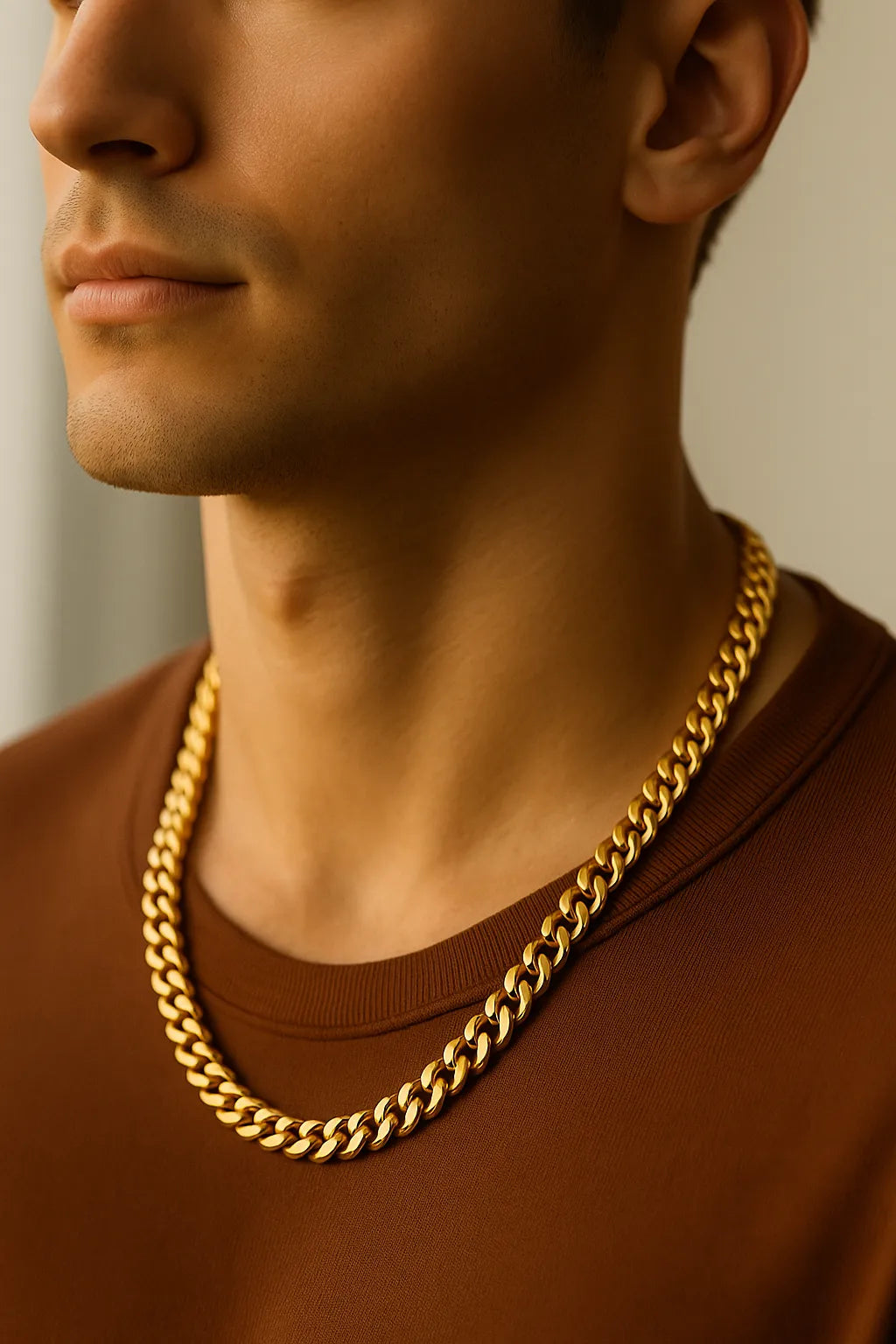 Herren Panzerkette goldfarben 4 mm aus Edelstahl, getragen am Hals eines Mannes; Nahaufnahme im warmen Fensterlicht, neutraler Hintergrund, moderner Premium-Look.
