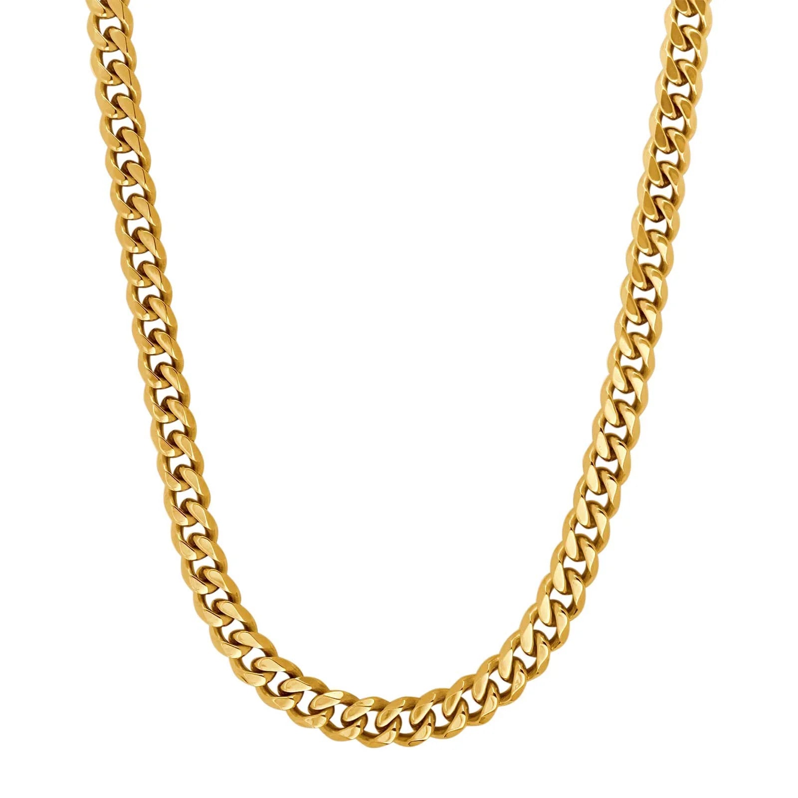 Goldene Herren-Panzerkette aus 316L Edelstahl, IPG-vergoldet, hochglanzpolierte Glieder, 55 cm Länge; freigestelltes Produktfoto auf weißem Hintergrund, markant und modern.