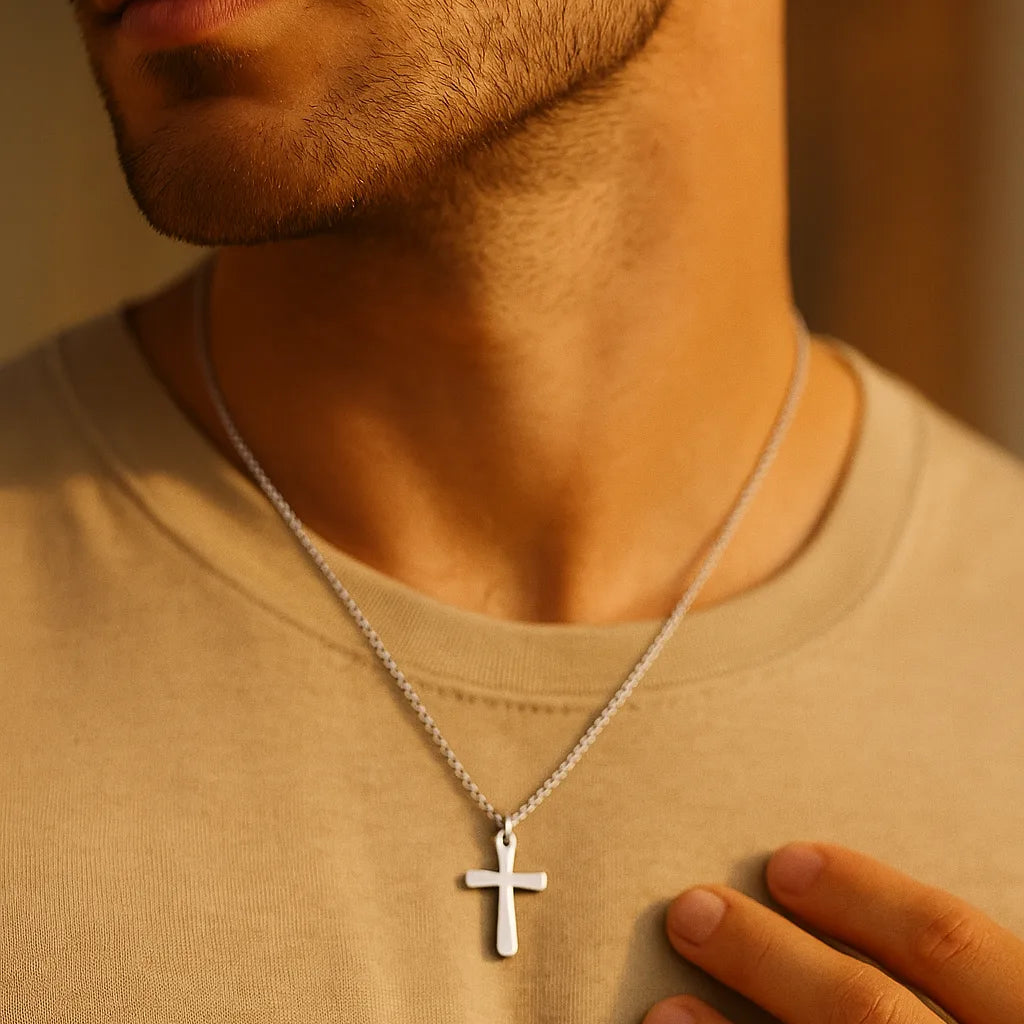 Silberne Herren-Kreuzkette aus Edelstahl, authentisch am Hals getragen bei Golden-Hour-Licht, weiche Unschärfe für edlen Fashion-Look.