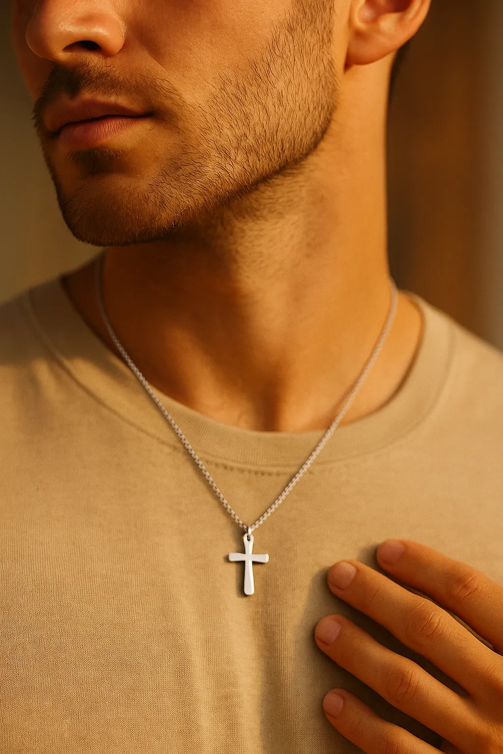 Silberne Herren-Kreuzkette aus Edelstahl, authentisch am Hals getragen bei Golden-Hour-Licht, weiche Unschärfe für edlen Fashion-Look.