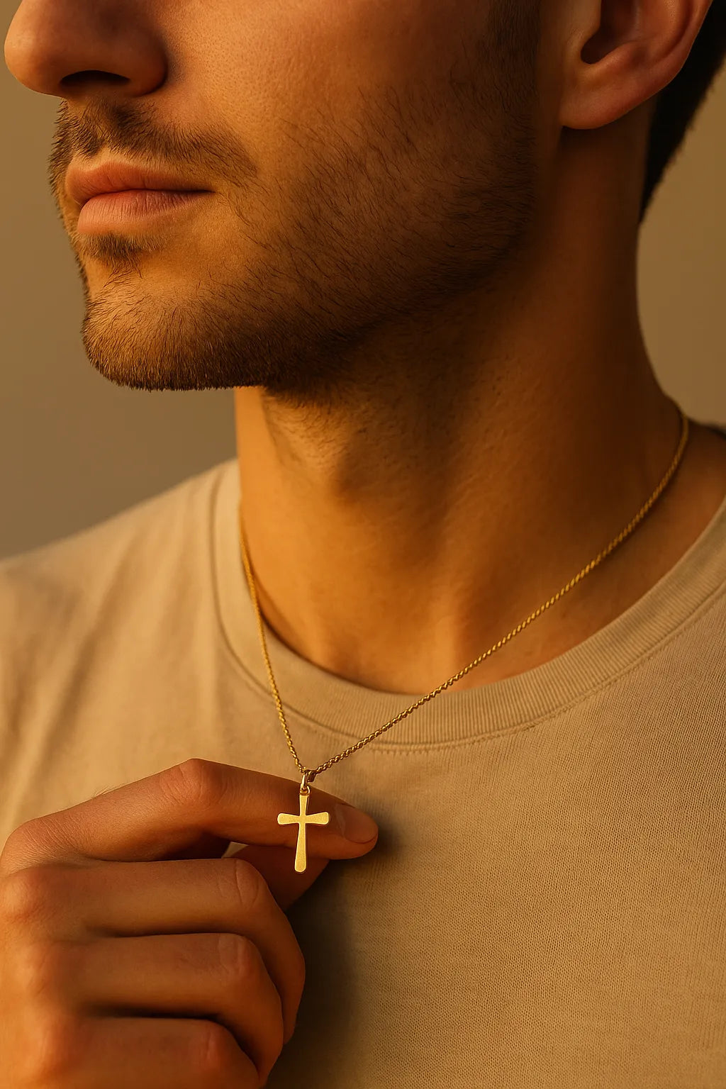 Herren Halskette aus vergoldetem Edelstahl mit Kreuzanhänger, getragen am Hals eines Mannes im Golden-Hour-Licht; feine Ankerkette, minimalistischer Stil.