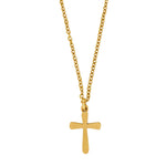 Goldene Herren-Kreuzkette aus Edelstahl, IPG-vergoldet, mit matt gebürstetem Kreuzanhänger an Panzerkette; freigestelltes Produktfoto auf weißem Hintergrund, minimalistisch und modern.