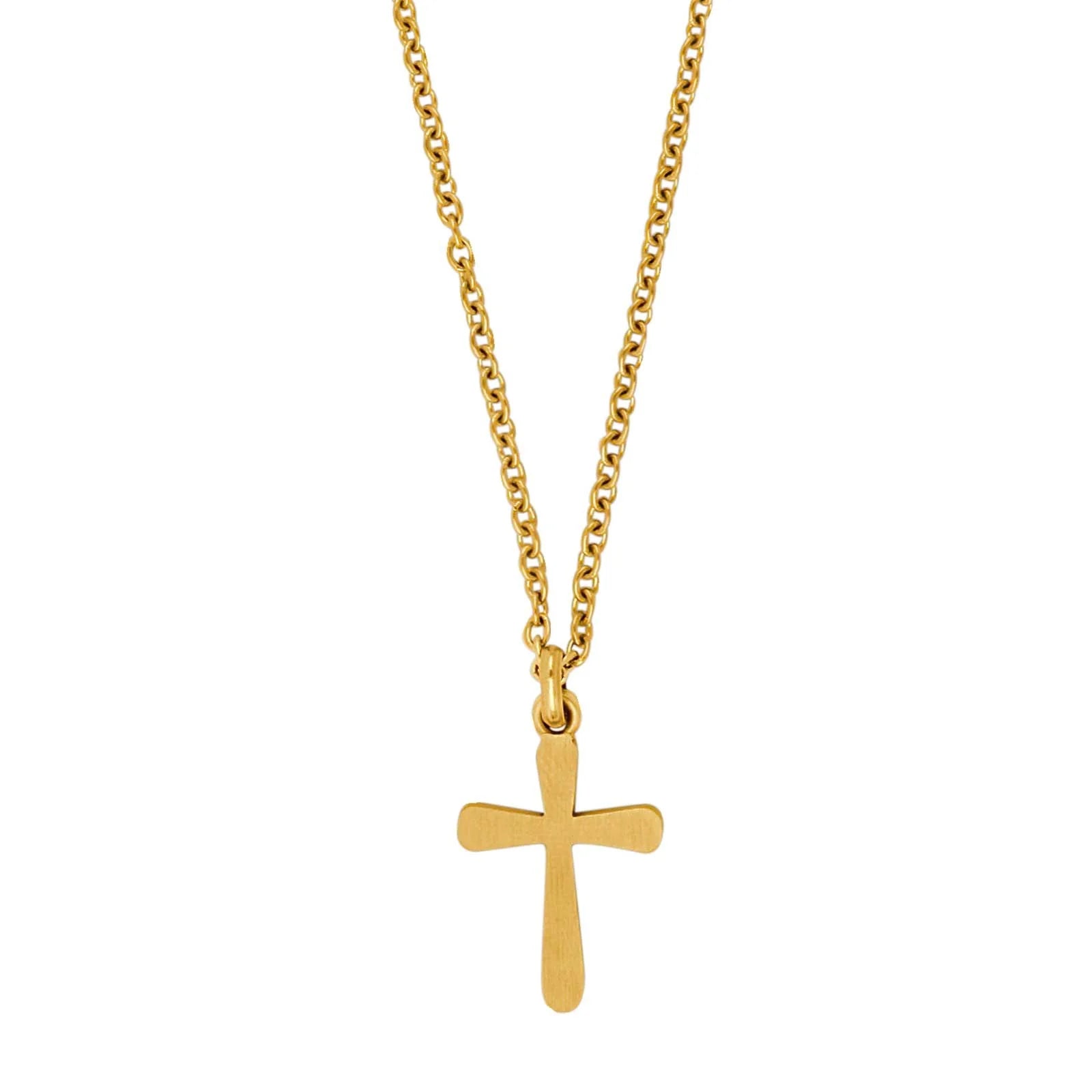 Goldene Herren-Kreuzkette aus Edelstahl, IPG-vergoldet, mit matt gebürstetem Kreuzanhänger an Panzerkette; freigestelltes Produktfoto auf weißem Hintergrund, minimalistisch und modern.