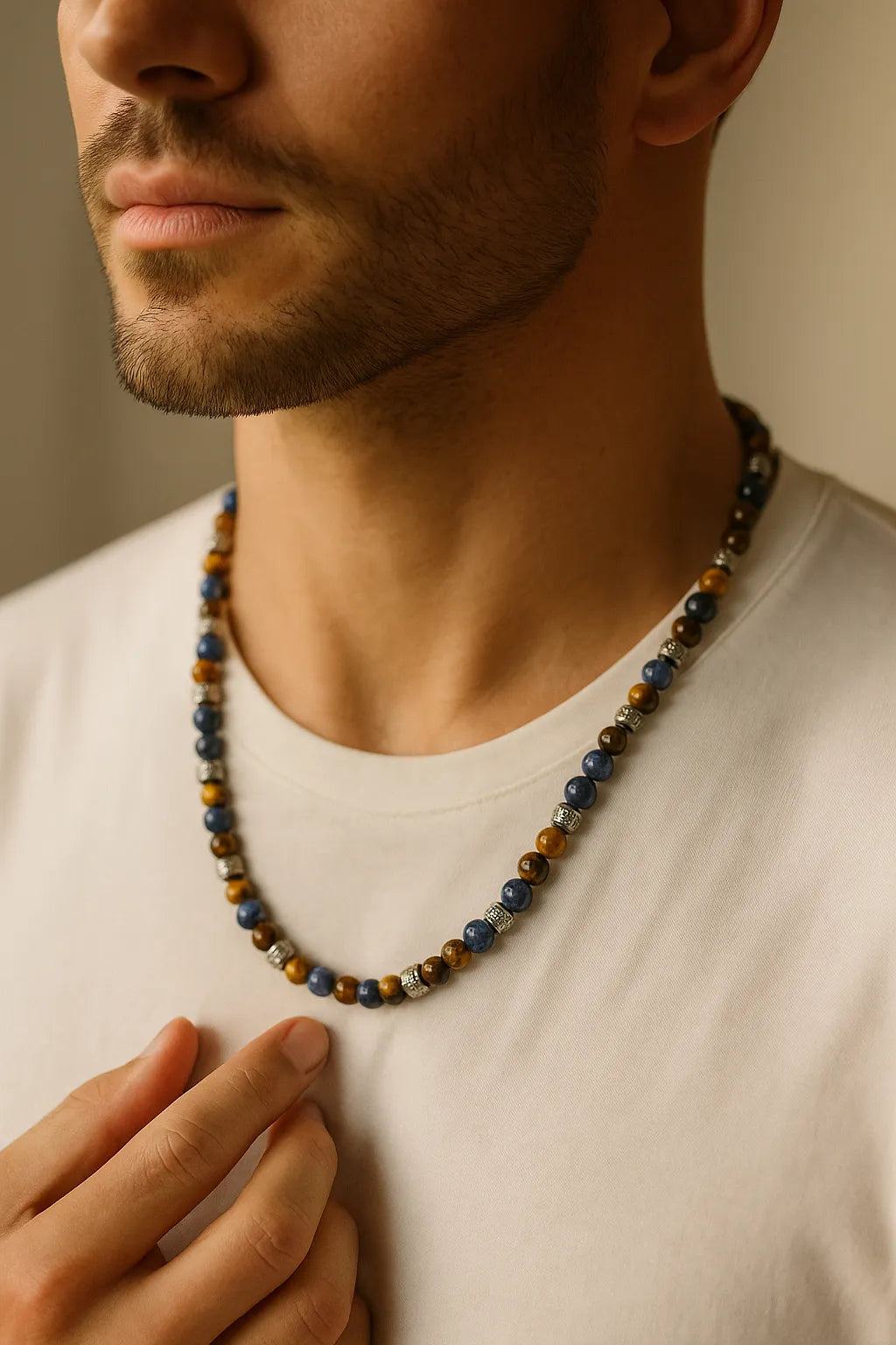 Herren Halskette mit Sodalith- und Tigerauge-Perlen, Edelstahl-Spacer; getragen am Hals eines Mannes im warmen Fensterlicht, Nahaufnahme mit neutralem Hintergrund.
