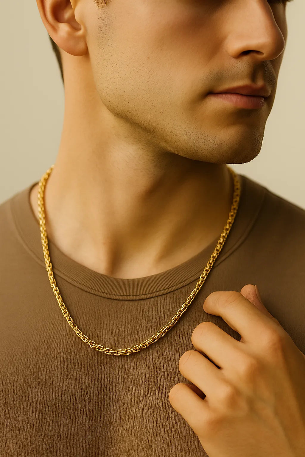 Herren Königskette goldfarben 4 mm, aus Edelstahl, getragen am Hals eines Mannes; Nahaufnahme im warmen Fensterlicht, moderner Premium-Look.
