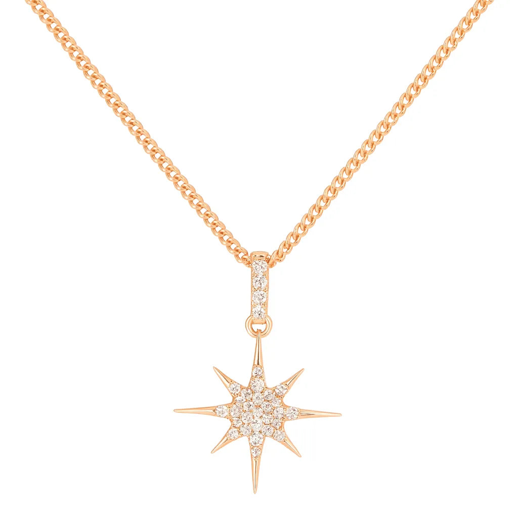 Roségoldene Damenkette mit filigranem achtzackigen Zirkonia-Sternanhänger auf weißem Hintergrund, eleganter Halsschmuck für Alltag und besondere Anlässe.