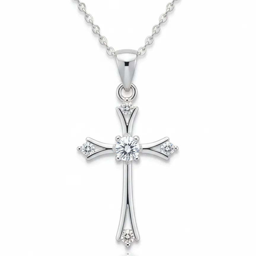 Silberkette mit Kreuzanhänger aus 925 Sterling Silber, verziert mit funkelnden Zirkonia-Steinen und glänzender Oberfläche.