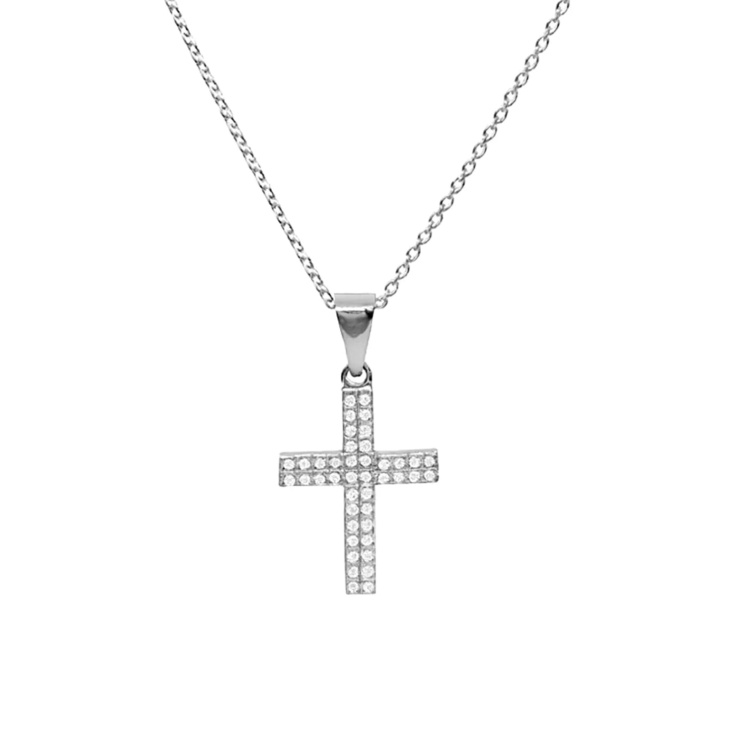 Das Bild zeigt eine Damen-Halskette aus 925 Sterling Silber mit großem, vollständig mit Zirkonia besetztem Kreuzanhänger, ideal für gläubige und stilbewusste Trägerinnen.