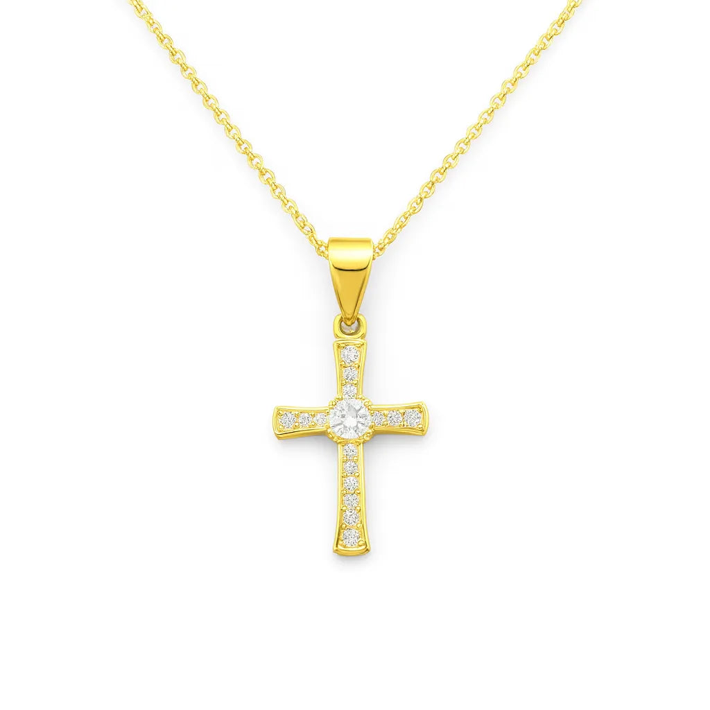 Vergoldete Halskette aus 925 Sterling Silber mit funkelndem Kreuzanhänger, besetzt mit weißen Zirkonia-Steinen – eleganter, symbolischer Schmuck für Damen.
