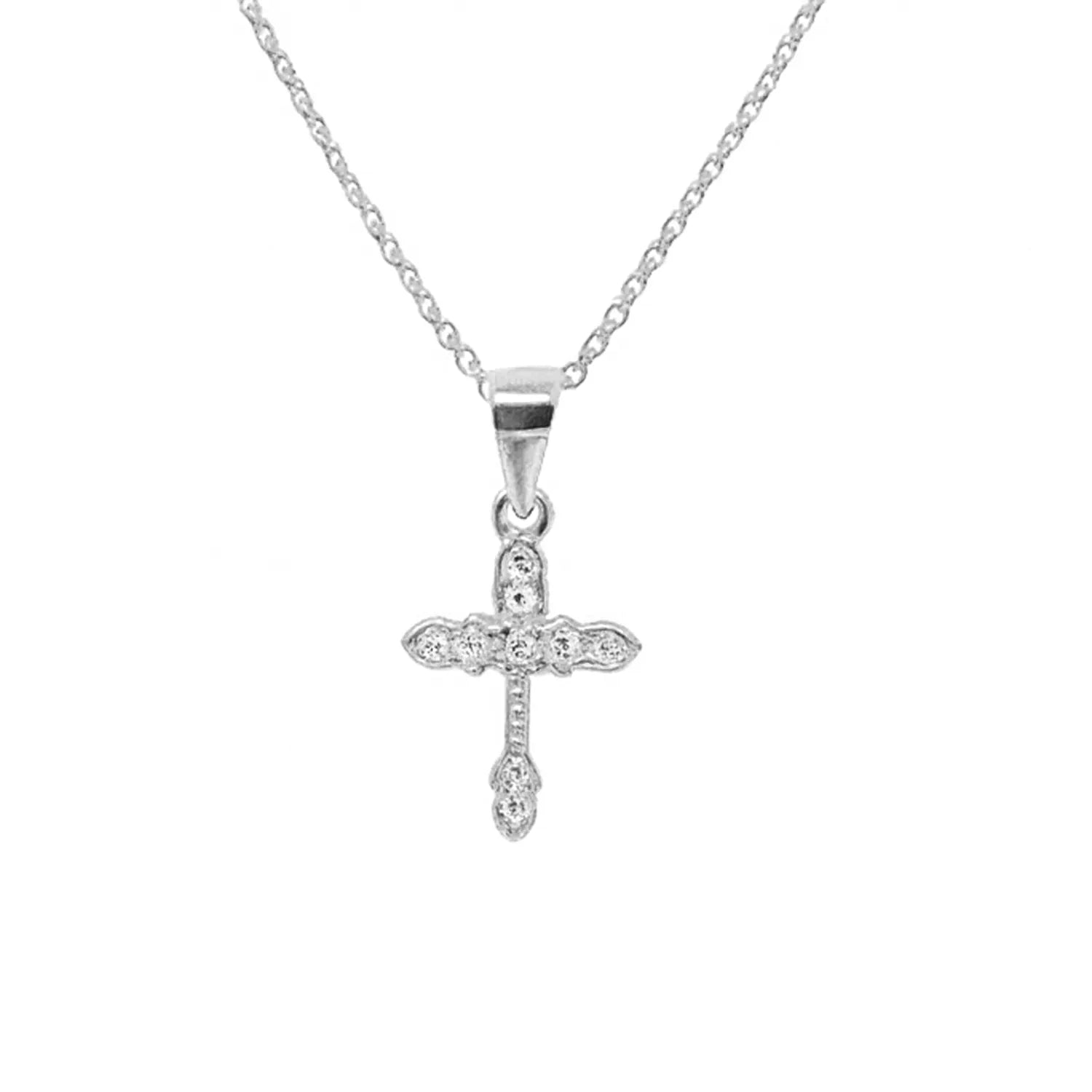 Auf dem Bild ist eine zarte Damen Halskette aus 925 Sterling Silber mit kleinem, detailreich verziertem Kreuzanhänger zu sehen, ideal für Mädchen und Frauen als stilvoller Glaubensschmuck.