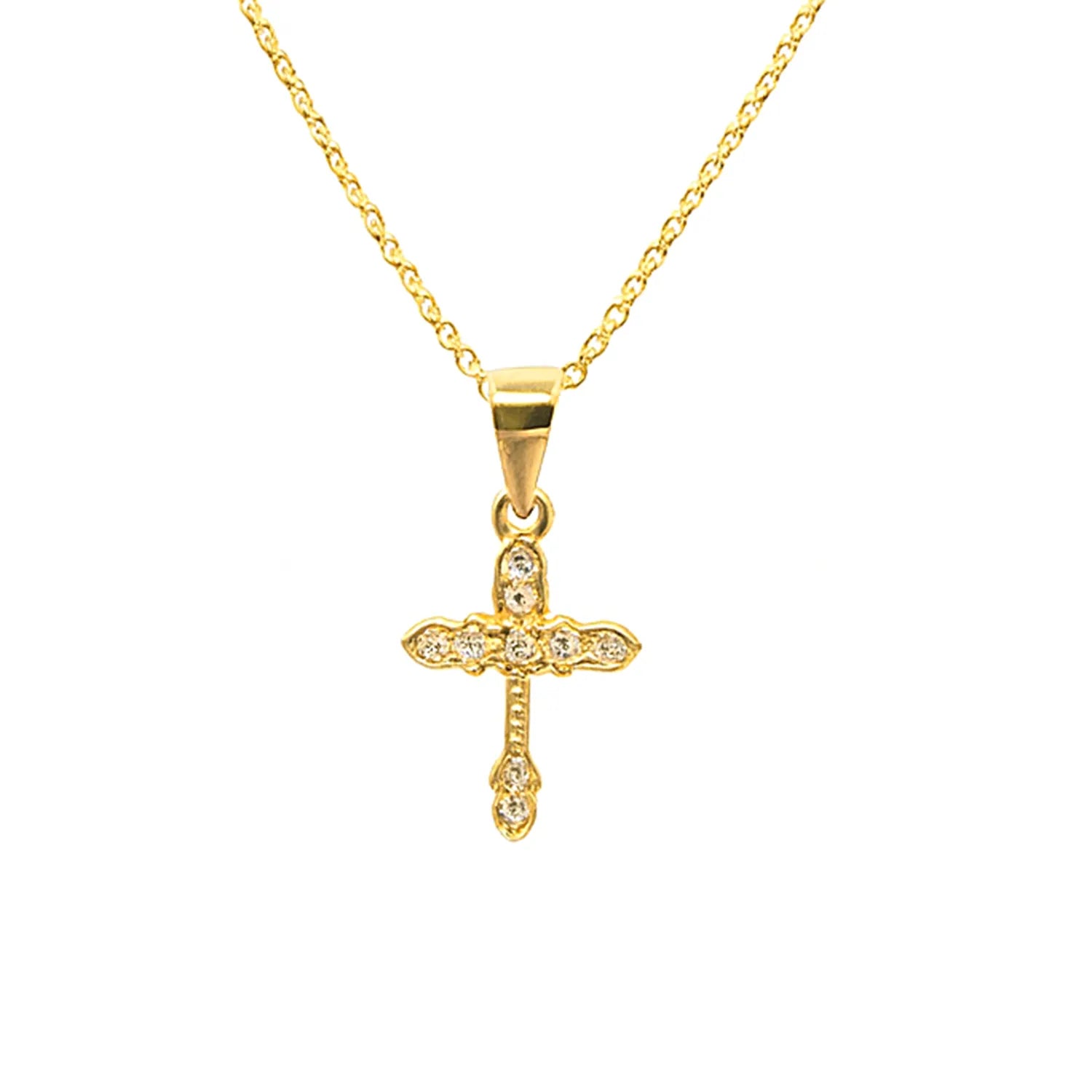 Auf dem Bild ist eine zarte Damen Halskette aus 925 Sterling Silber mit kleinem, detailreich verziertem Kreuzanhänger zu sehen, ideal für Mädchen und Frauen als stilvoller Glaubensschmuck.