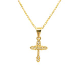 Auf dem Bild ist eine zarte Damen Halskette aus 925 Sterling Silber mit kleinem, detailreich verziertem Kreuzanhänger zu sehen, ideal für Mädchen und Frauen als stilvoller Glaubensschmuck.