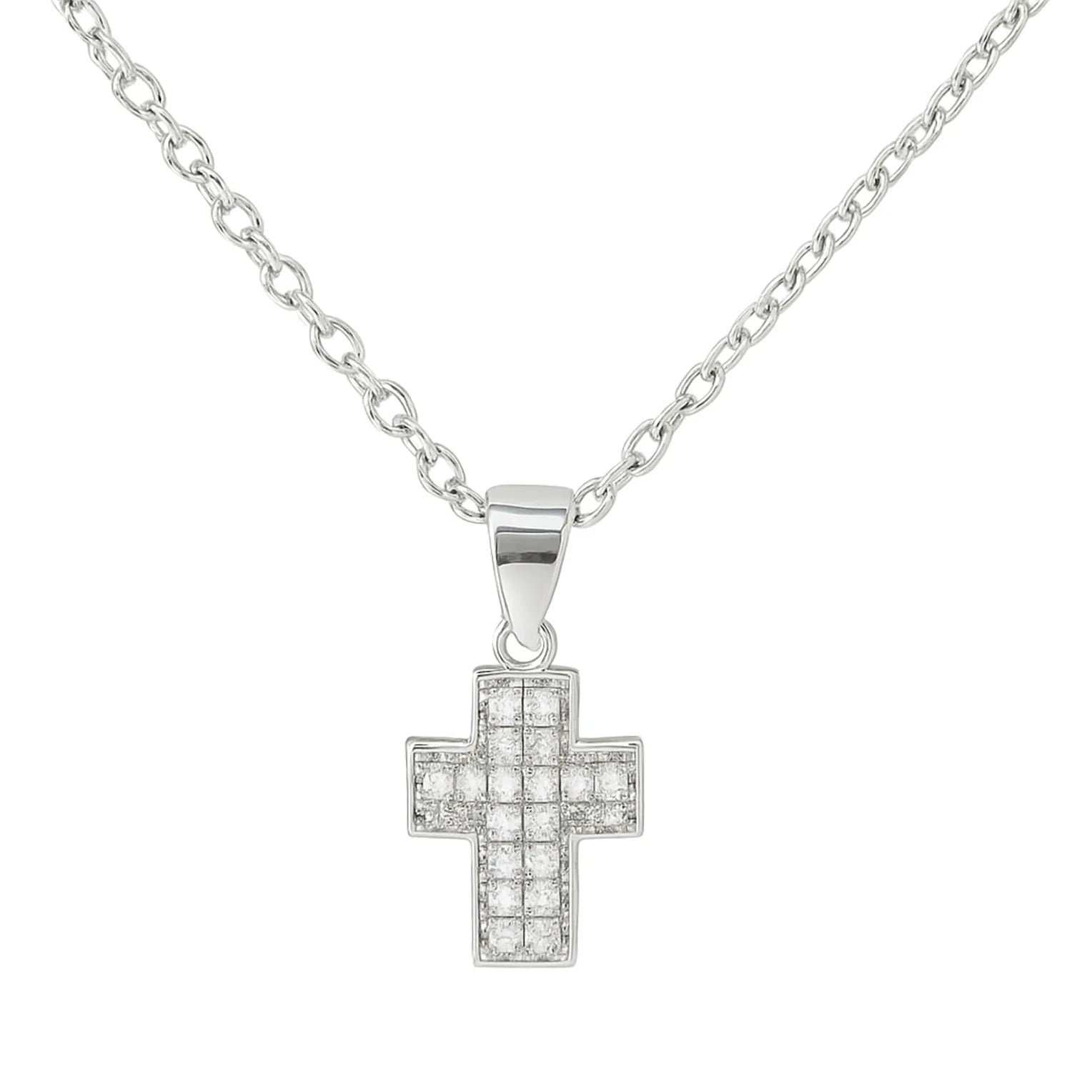 Auf dem Bild ist eine Damen Halskette aus 925 Sterling Silber mit kleinem, vollflächig mit Zirkonia besetztem Kreuzanhänger zu sehen, ideal für gläubige und stilbewusste Mädchen und Frauen.