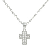 Auf dem Bild ist eine Damen Halskette aus 925 Sterling Silber mit kleinem, vollflächig mit Zirkonia besetztem Kreuzanhänger zu sehen, ideal für gläubige und stilbewusste Mädchen und Frauen.