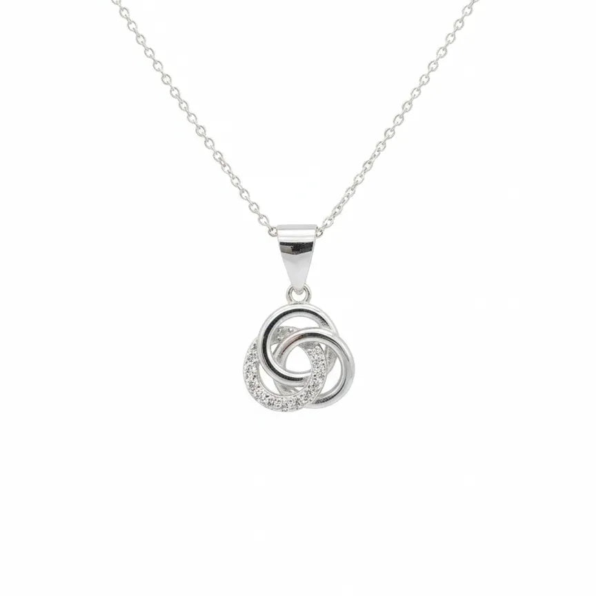 Damen Halskette aus 925 Sterling Silber mit Anhänger aus drei ineinander verschlungenen Kreisen, teilweise mit funkelnden Zirkonia besetzt, eleganter zeitloser Halsschmuck.