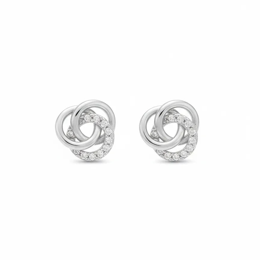 Damen Ohrstecker aus 925 Sterling Silber mit verschlungenen Kreisen und funkelnden Zirkonia, elegante zeitlose Ohrstecker für Alltag und besondere Anlässe.