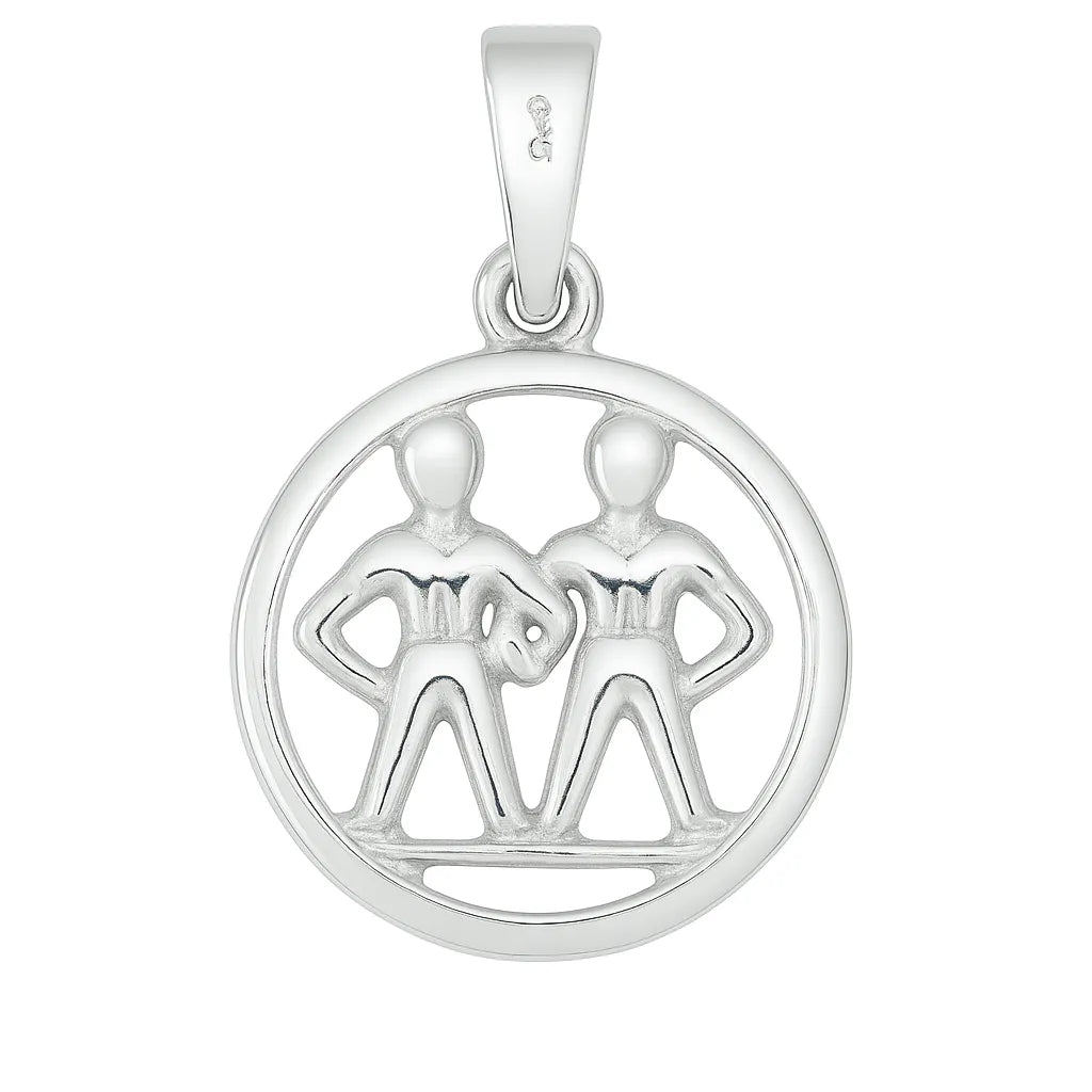 Dieser runde Sternzeichen-Anhänger Zwillinge aus poliertem 925 Sterling Silber zeigt zwei stilisierte Figuren im offenen Design und richtet sich an schmuckliebende Horoskop-Fans.