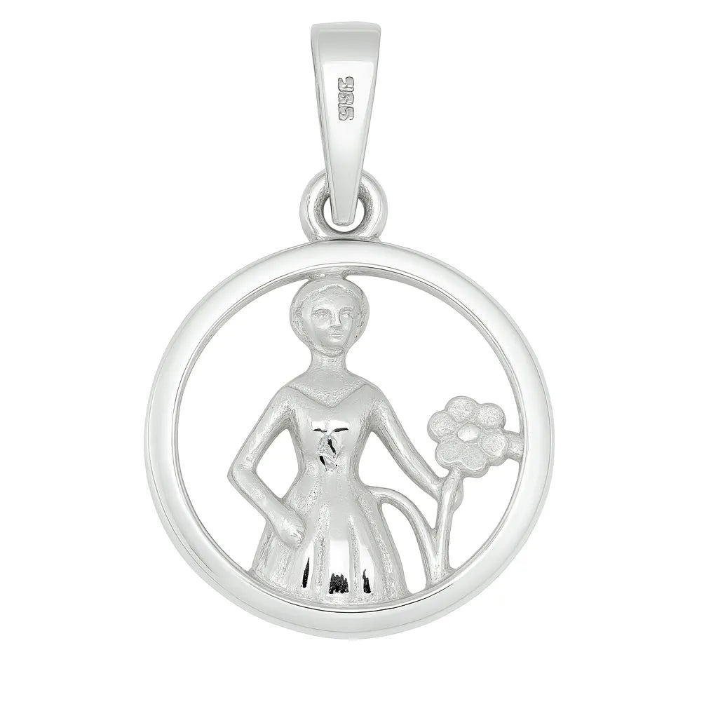 Das Produktbild zeigt einen runden Sternzeichen-Anhänger Jungfrau aus poliertem 925 Sterling Silber mit durchbrochener Jungfraufigur und Blüte, ideal für schmuckliebende Jungfrau-Geborene als persönliches Geschenk.
