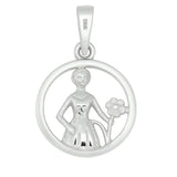 Das Produktbild zeigt einen runden Sternzeichen-Anhänger Jungfrau aus poliertem 925 Sterling Silber mit durchbrochener Jungfraufigur und Blüte, ideal für schmuckliebende Jungfrau-Geborene als persönliches Geschenk.