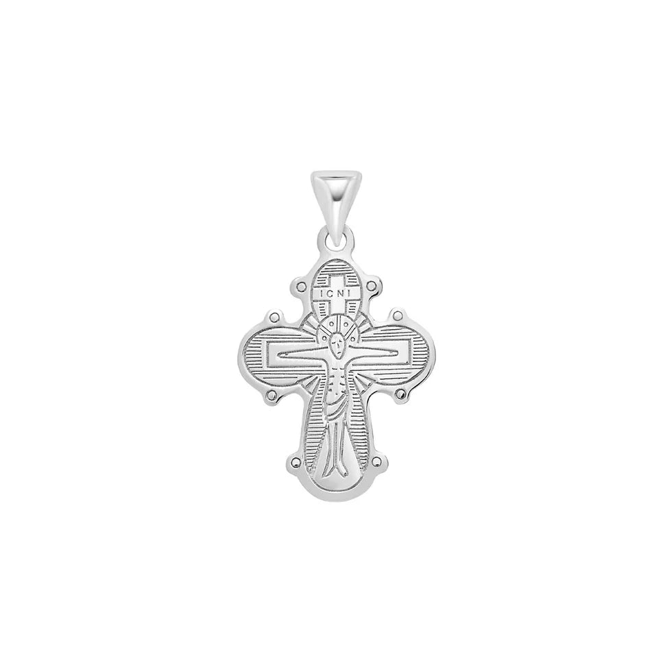 Der Kreuzanhänger zeigt ein fein graviertes, orthodox inspiriertes Kreuz aus 925 Sterling Silber, wahlweise gelbvergoldet, und eignet sich als dezent religiöser Schmuck für gläubige Damen und Herren.