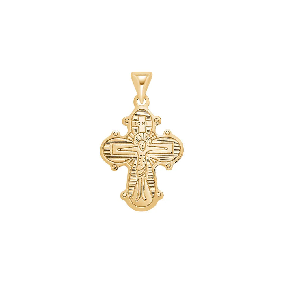 Der Kreuzanhänger zeigt ein fein graviertes, orthodox inspiriertes Kreuz aus 925 Sterling Silber, wahlweise gelbvergoldet, und eignet sich als dezent religiöser Schmuck für gläubige Damen und Herren.