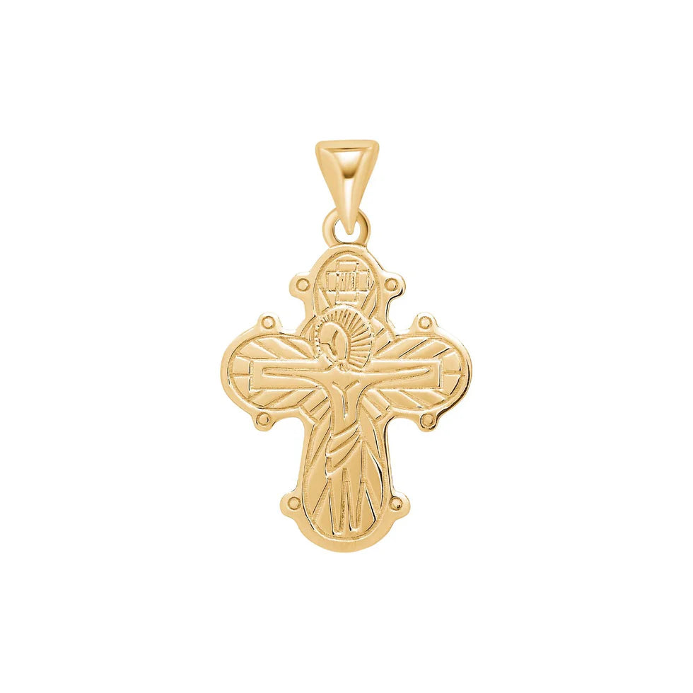 Der Kreuzanhänger zeigt ein fein graviertes, orthodox inspiriertes Kreuz aus 925 Sterling Silber, wahlweise gelbvergoldet, und eignet sich als dezent religiöser Schmuck für gläubige Damen und Herren.