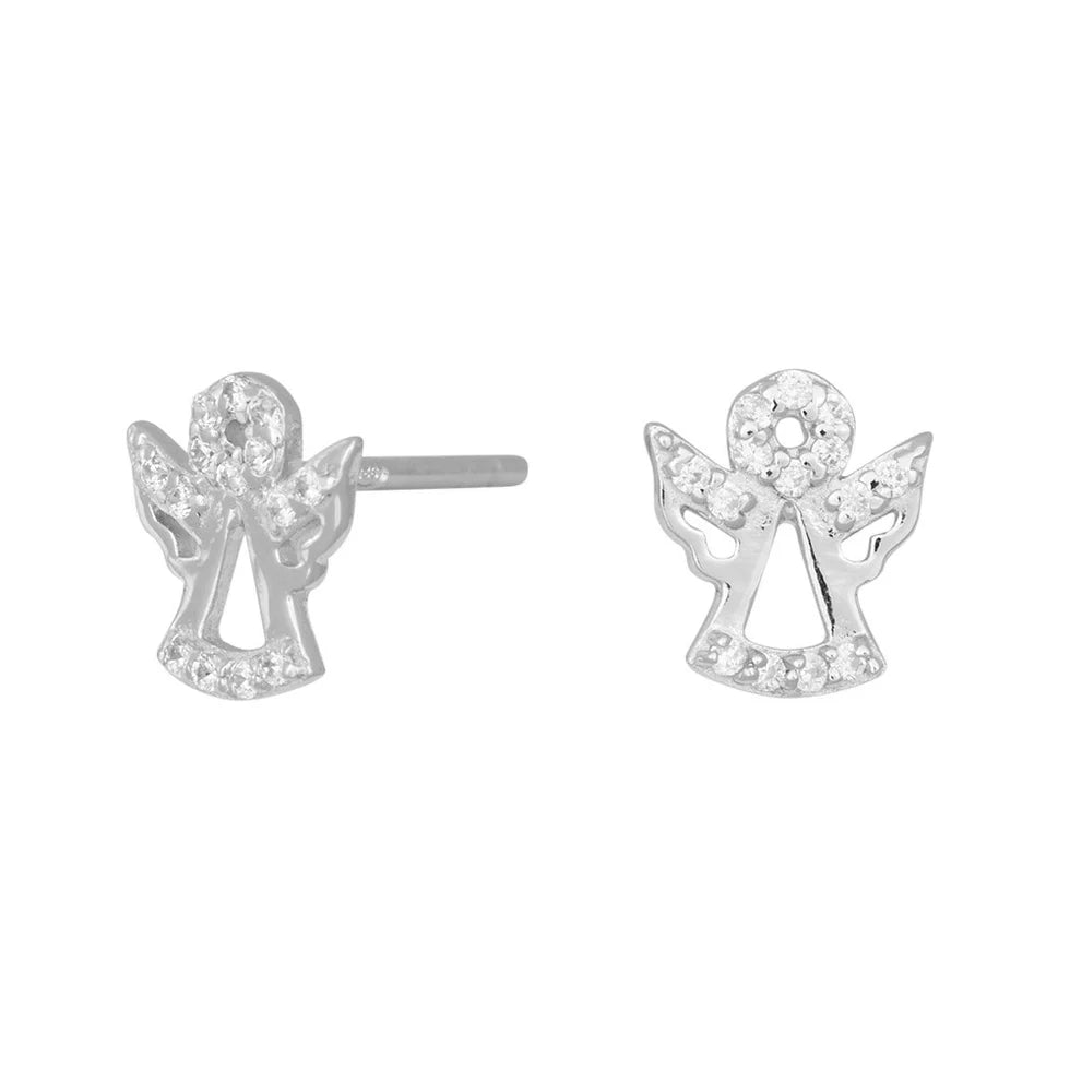 Das Produktbild zeigt ein Paar filigrane Engels-Ohrstecker aus 925 Sterling Silber mit funkelnden Zirkonia-Steinen, die sich als eleganter Schutzengel-Schmuck besonders für Mädchen und Frauen eignen.