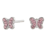 Diese Kinderohrringe aus 925 Sterling Silber oder vergoldetem Silber zeigen einen kleinen Schmetterling mit rosa Zirkonia-Steinen und sind ideal für Mädchen.