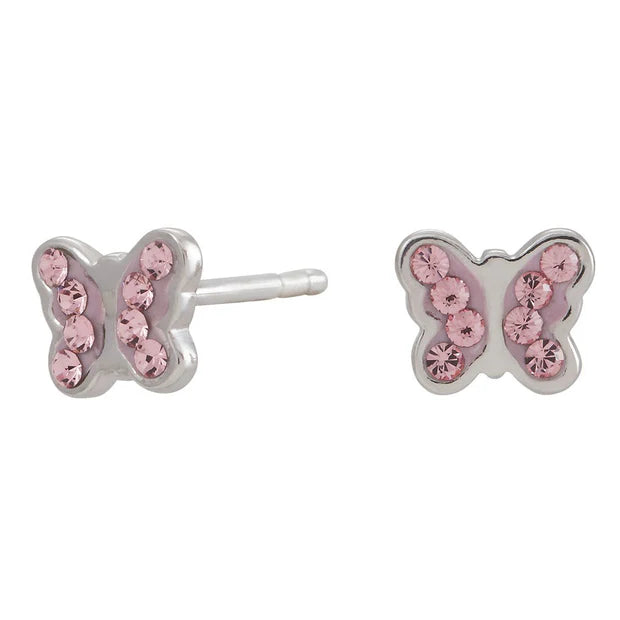 Diese Kinderohrringe aus 925 Sterling Silber oder vergoldetem Silber zeigen einen kleinen Schmetterling mit rosa Zirkonia-Steinen und sind ideal für Mädchen.