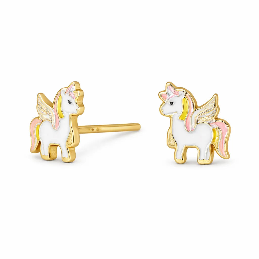 Diese Kinder-Ohrstecker aus 925 Sterling Silber zeigen liebevoll emaillierte Einhörner mit Regenbogen-Mähne und sind ideal als zarter Schmuck für kleine Mädchen geeignet.