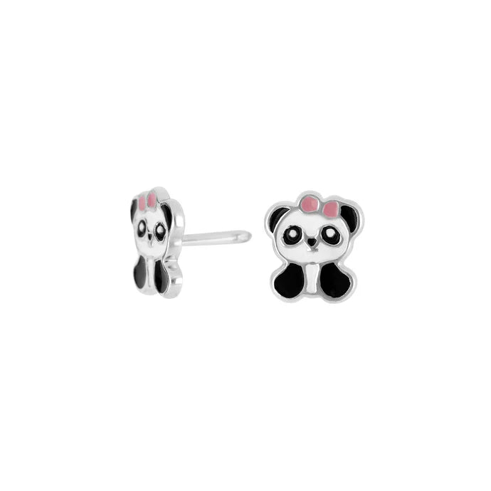 Diese Kinder-Ohrstecker aus 925 Sterling Silber zeigen niedliche Pandas mit rosa Schleife in Emaille und sind ideal für kleine Mädchen mit empfindlichen Ohren geeignet.