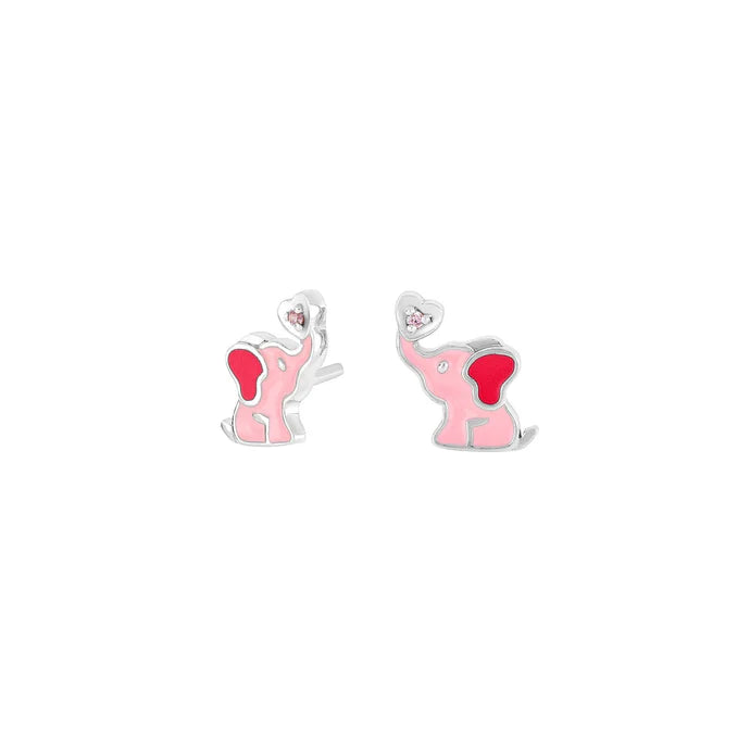 Diese Kinder-Ohrstecker aus 925 Sterling Silber zeigen rosa Elefanten mit roten Herz-Details und funkelndem Stein und sind ideal für kleine Mädchen mit empfindlichen Ohren.