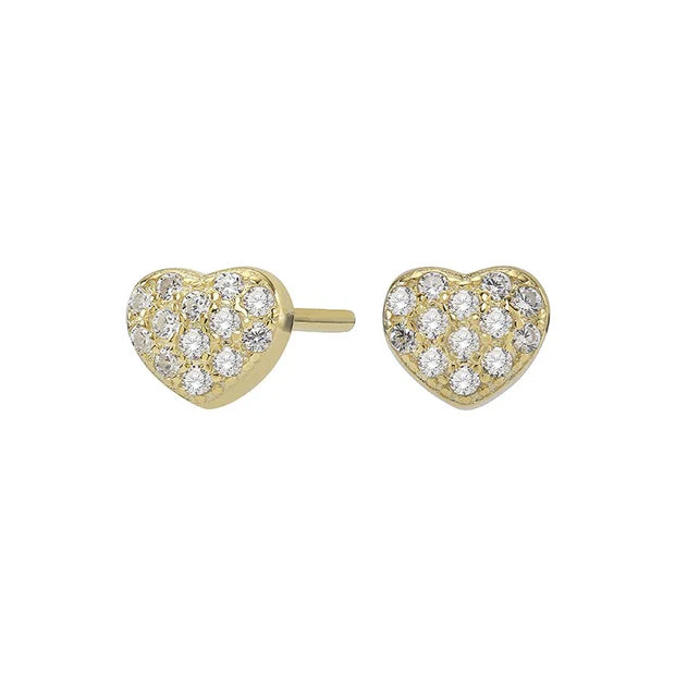 Das Produktbild zeigt ein Paar herzförmige Damen-Ohrstecker aus 925 Sterling Silber, teilweise vergoldet, mit funkelnden Zirkonia in Pavéfassung als romantisches Geschenk für stilbewusste Frauen.