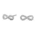 Das Produktbild zeigt ein Paar filigrane Infinity-Ohrstecker aus 925 Sterling Silber, teilweise vergoldet und mit funkelnden Zirkonia besetzt, die sich besonders für stilbewusste Frauen als eleganter Alltags- und Anlassschmuck eignen.