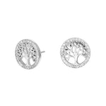 Runde Ohrstecker aus 925 Sterling Silber mit Lebensbaum-Motiv und funkelndem Zirkonia-Rand, ideal als symbolischer Schmuck für Damen.
