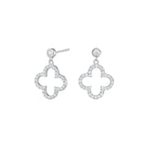 Das Bild zeigt funkelnde Damen-Ohrhänger aus 925 Sterling Silber mit offenen, vierblättrigen Kleeblatt-Anhängern im Zirkonia-Pavé, ideal für stilbewusste Frauen zu Alltag und Anlass.
