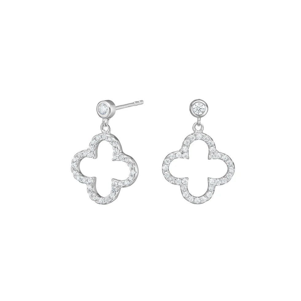 Das Bild zeigt funkelnde Damen-Ohrhänger aus 925 Sterling Silber mit offenen, vierblättrigen Kleeblatt-Anhängern im Zirkonia-Pavé, ideal für stilbewusste Frauen zu Alltag und Anlass.