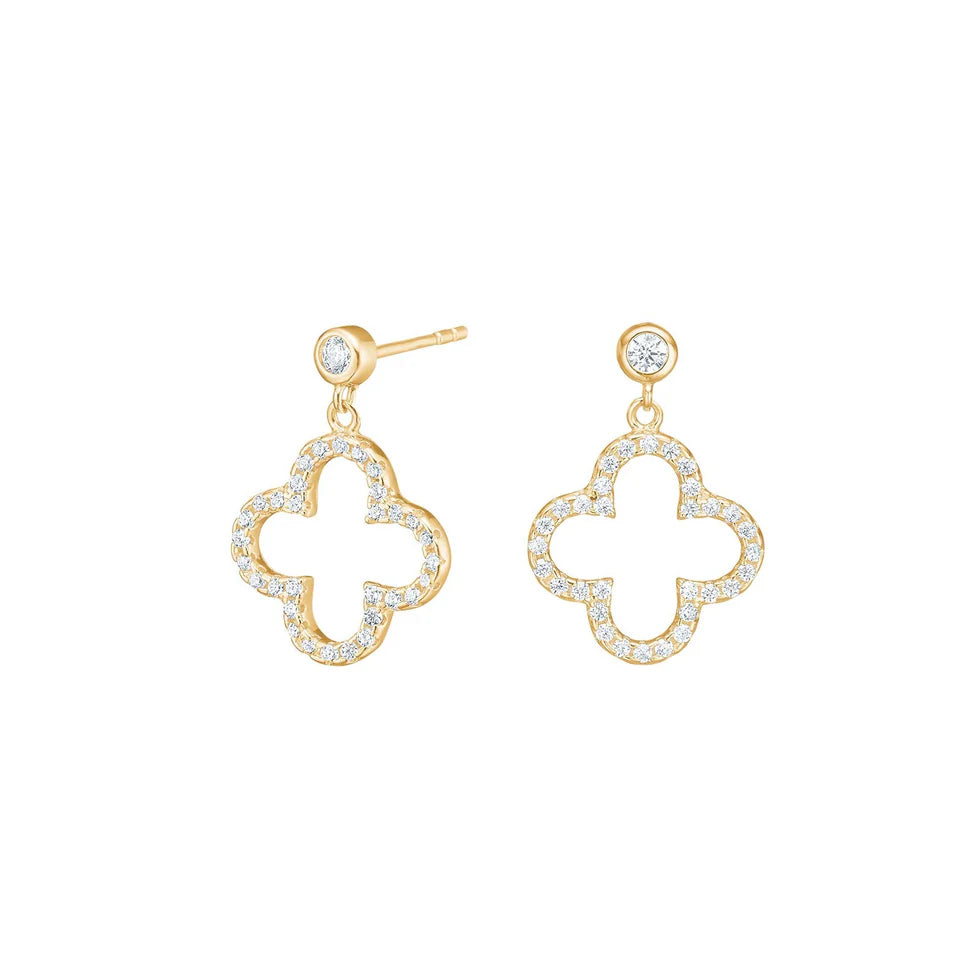 Das Bild zeigt funkelnde Damen-Ohrhänger aus 925 Sterling Silber mit offenen, vierblättrigen Kleeblatt-Anhängern im Zirkonia-Pavé, ideal für stilbewusste Frauen zu Alltag und Anlass.