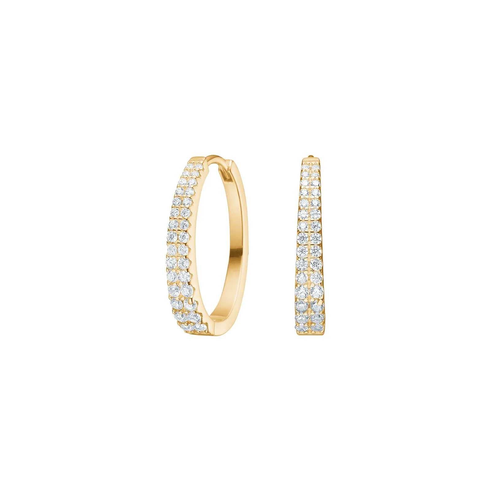 Abgebildet sind elegante Damen-Creolen aus 925 Sterling Silber mit doppelt gefasstem Zirkonia-Pavé und praktischem Klappverschluss, ideal für stilbewusste Frauen im Alltag und zu festlichen Anlässen.