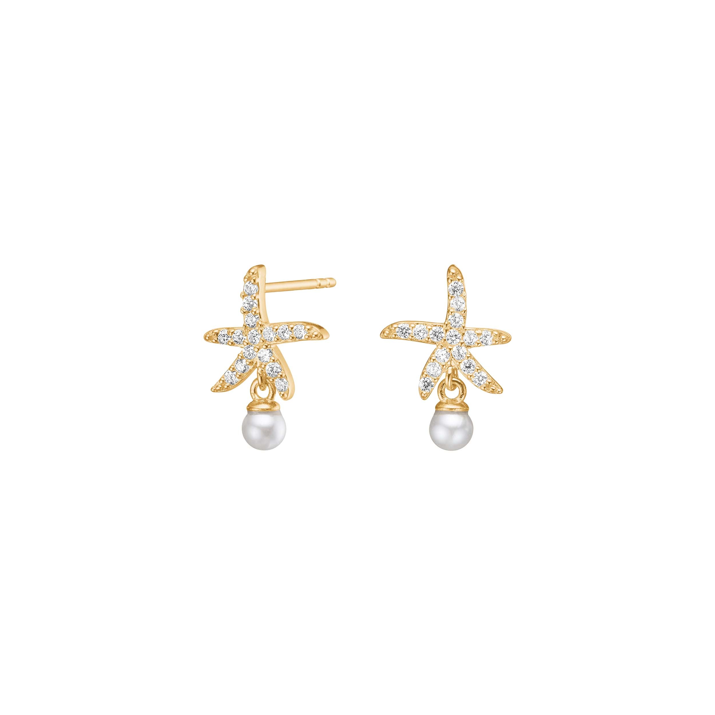 SelinaNor Seestern Ohrstecker aus 925 Silber 18 Karat vergoldet mit Perle und funkelndem Zirkonia.