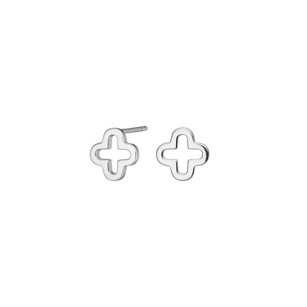Abgebildet ist ein Paar zarter Damen-Ohrstecker aus 925 Sterling Silber, wahlweise vergoldet, im offenen Kleeblatt-Design als moderner, alltagstauglicher Schmuck für stilbewusste Frauen.