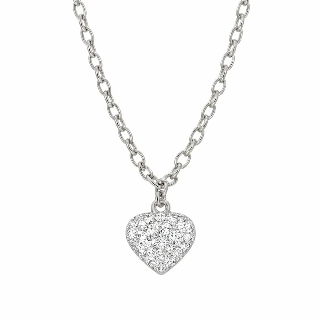 Diese Kinder-Halskette aus 925 Sterling Silber zeigt einen silberfarbenen Herzanhänger mit funkelndem Zirkoniabesatz und ist als eleganter Schmuck für Mädchen gestaltet.