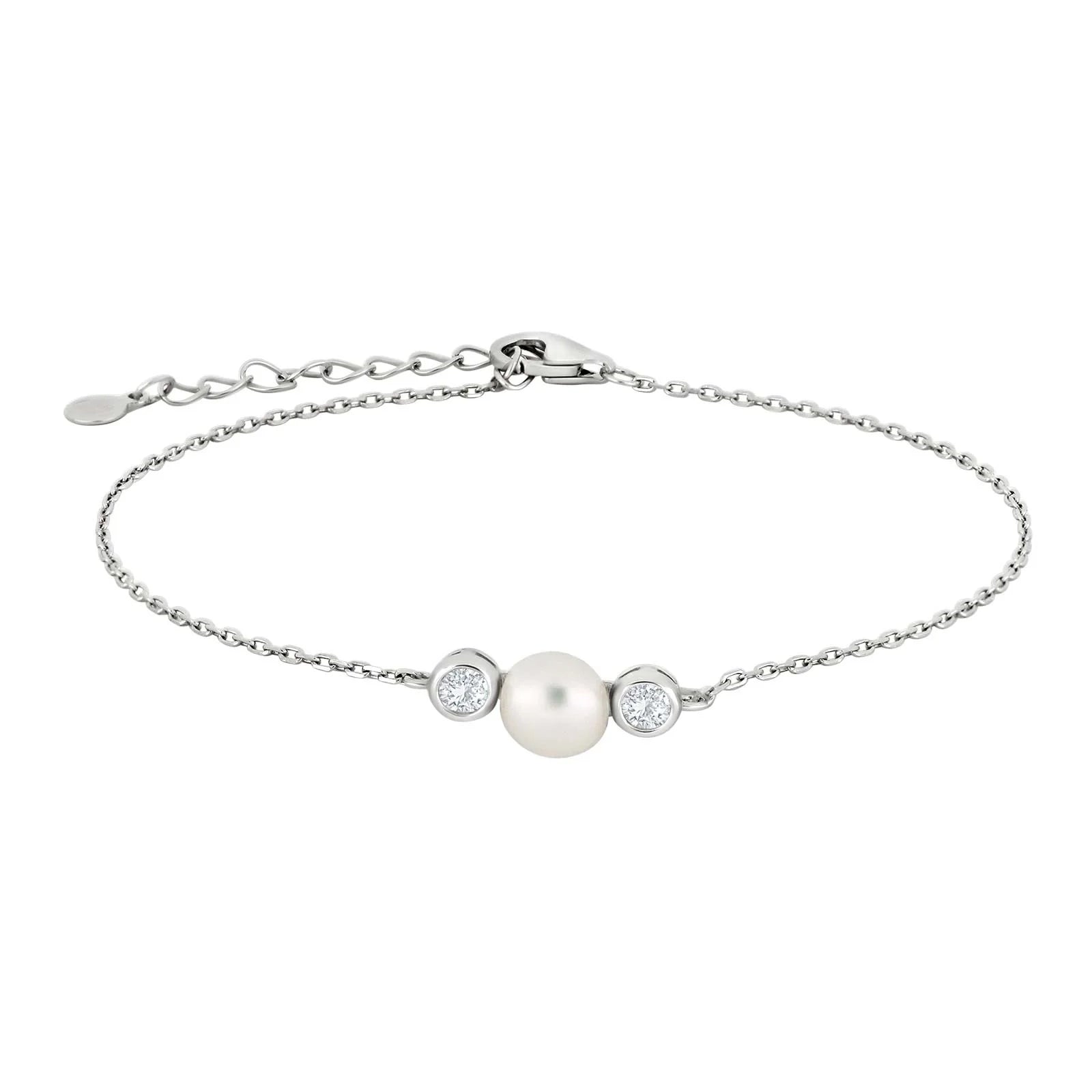 Das Bild zeigt ein zartes Damenarmband aus 925 Sterling Silber mit mittiger Süßwasserperle, zwei funkelnden Zirkonia-Steinen und verstellbarer Kette, ideal für stilbewusste Frauen.