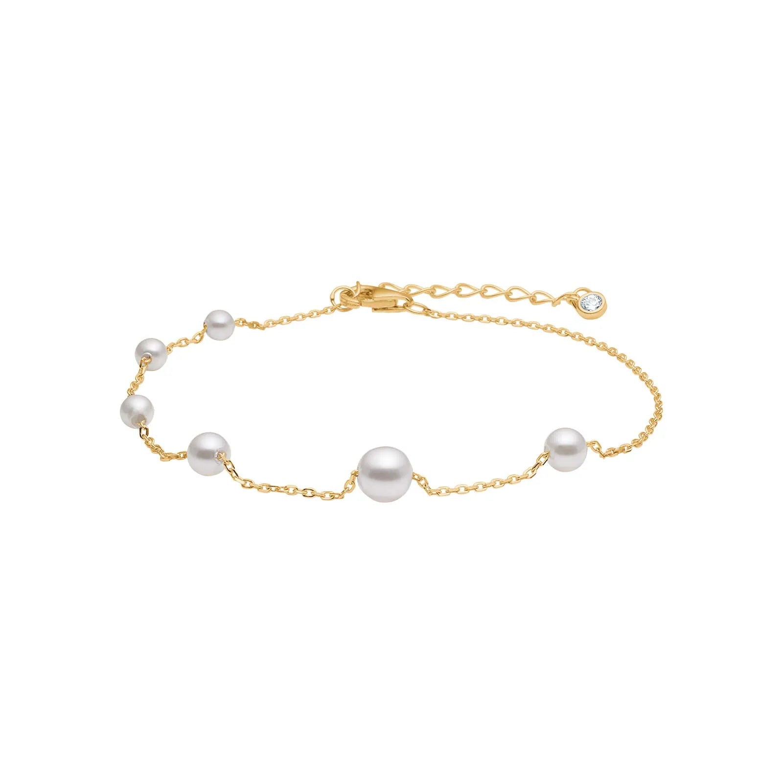 Filigranes Damenarmband aus 925 Sterling Silber mit feiner Kette, mehreren weißen Süßwasserperlen und kleinem Zirkonia-Anhänger, ideal für stilbewusste Frauen.