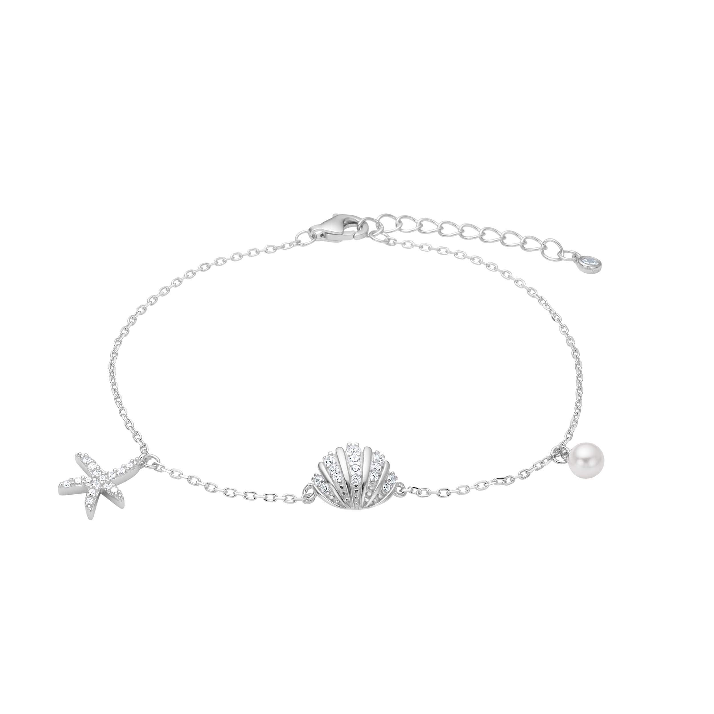 SelinaNor Armband aus 925 Sterling Silber mit Seestern, Muschel, Perle und funkelndem Zirkoniabesatz.